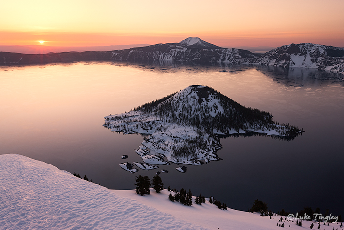 Sunrise, Crater Lake, Crater Lake National Park, snowshoe, back country, watchman, wizard island, winter, spring