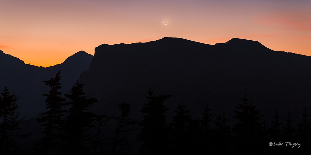 2014,canadian rockies, backcountry, crescent moon, moonset, sunrise