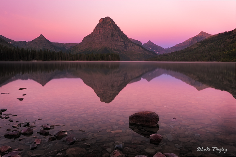 glacier national park, MT, Montana, GNP, two medicine lake, reflection, sinopah mountain, earth shadow, belt of venus, east glacier