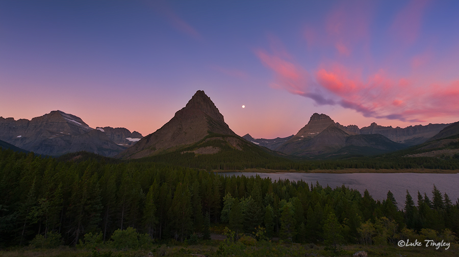 glacier national park, MT, Montana, GNP, many glacier, swiftcurrent lake, mount grinnell, sunset, full moon, earth shadow, belt of venus