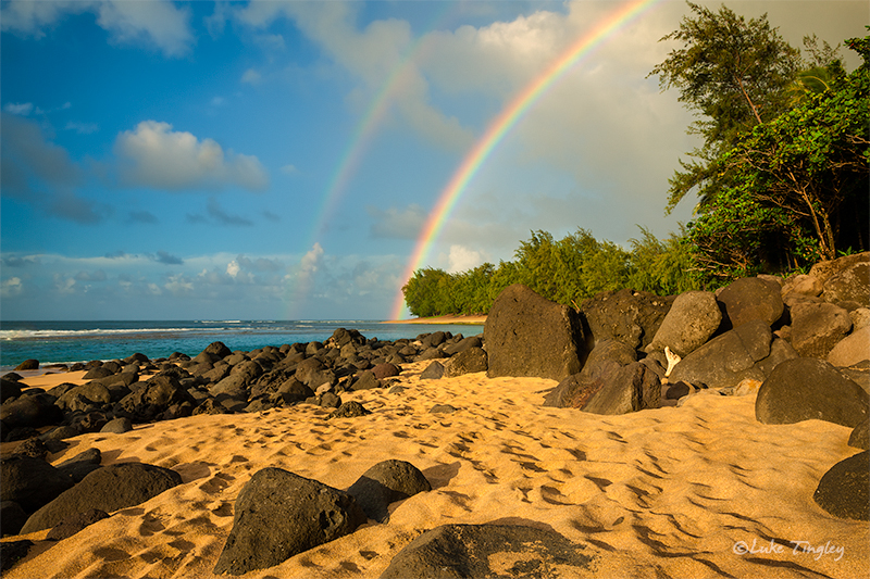 Kauai,Ke'e Beach,Princeville,sunset, North Shore, Hawaii, Double Rainbow