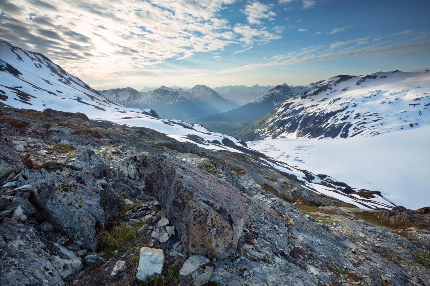 View from an overlook of the Harding Icefield at sunrise.