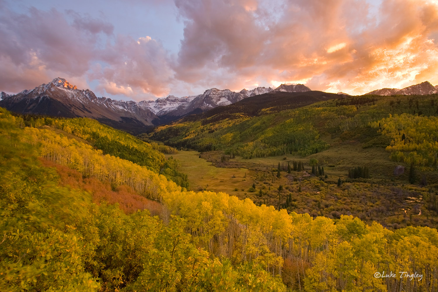 Ouray, Colorado, Mt. Sneffels, wilderness, sunset, clouds, fall, aspens, yellow, snow, meadows, united states, mountains, 14ers...
