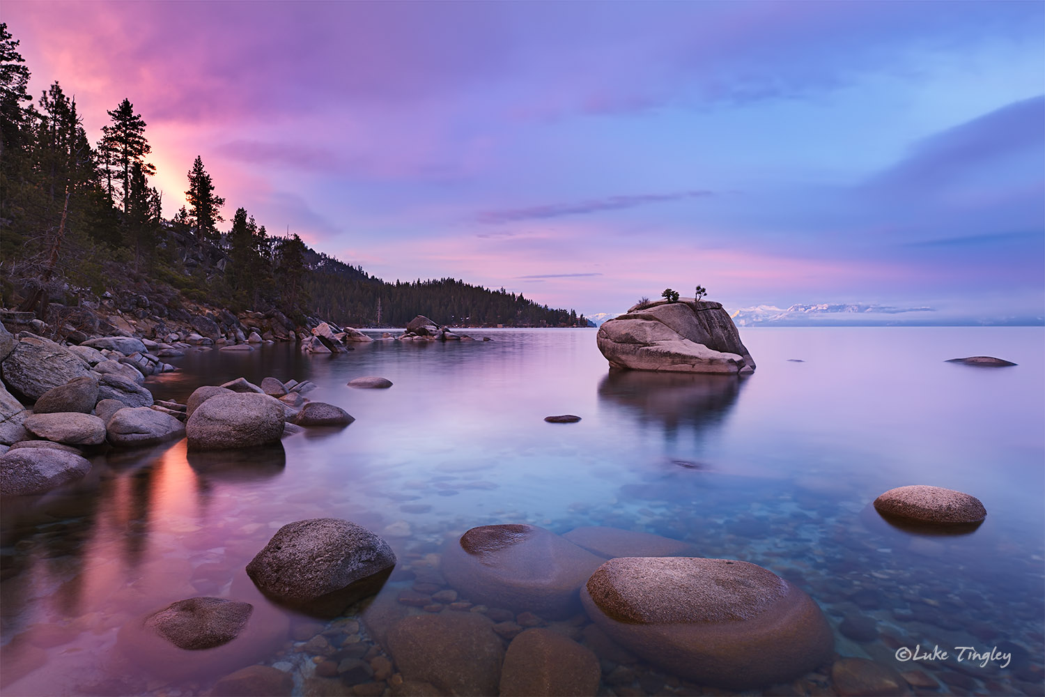 Pastel Shores First light on the famous Bonsai Rock on Lake Tahoe.