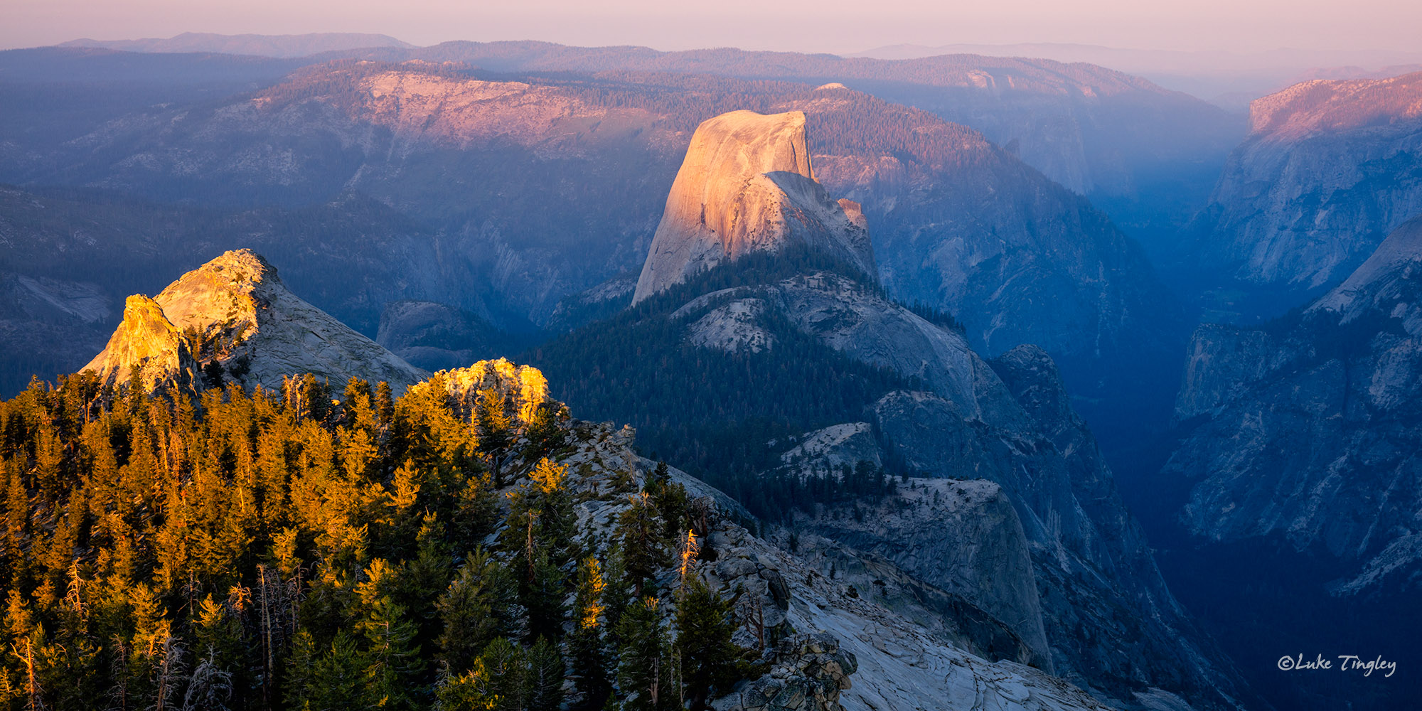 Looking down on Half Dome at sunrise.